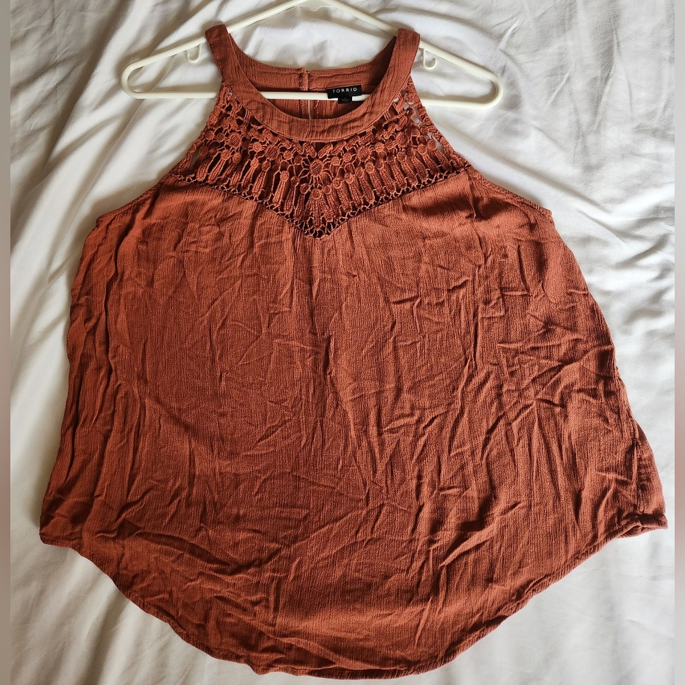 Torrid Crinkle Gauze Crochet Detail Halter Tank